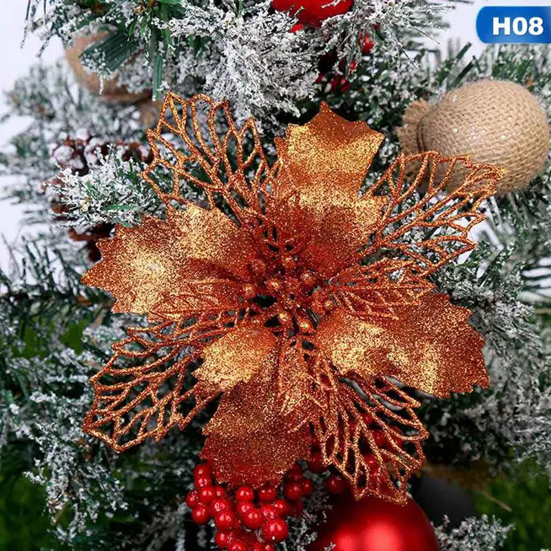 Большие искусственные цветы для рождественского декора блестки Poinsettia поддельные цветы DIY дома Рождество Новогоднее украшение цветок свадьба - Цвет: H08