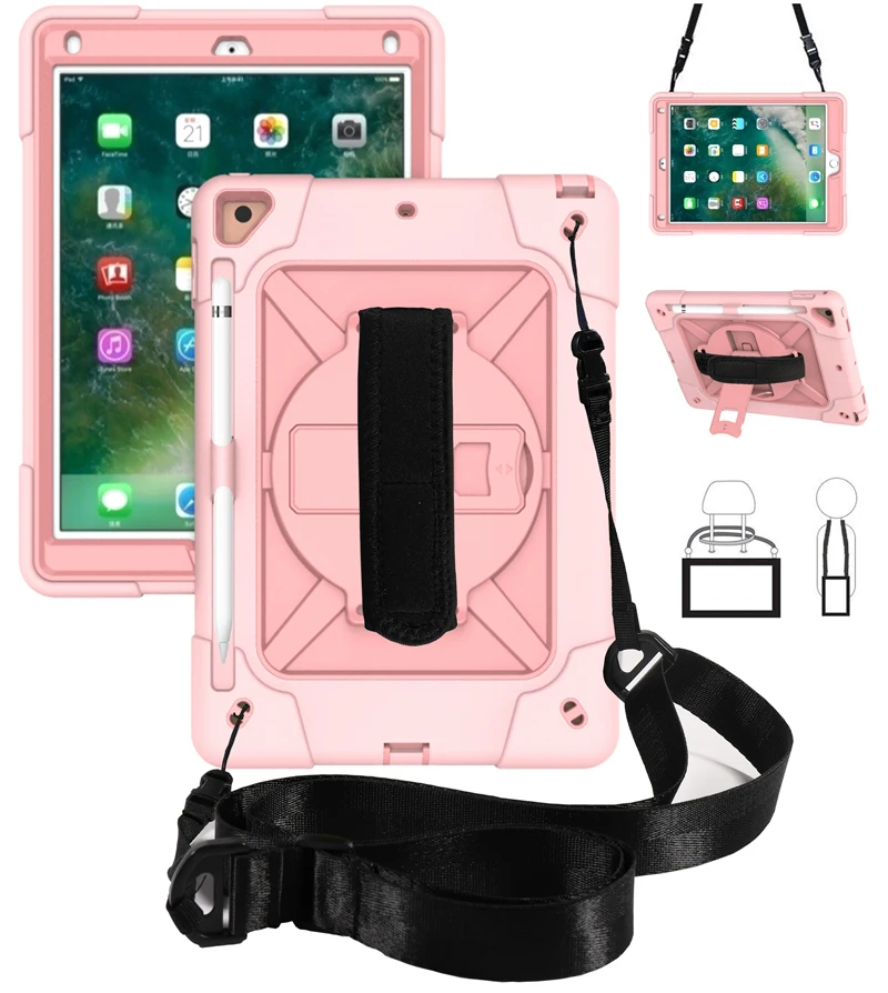 Pink Для iPad Air2 iPad 9,7 дюймов противоударный чехол на плечо ремешок для ношения чехол вращение силиконовый PC Стенд чехол для iPad 9,7 - Цвет: Pink