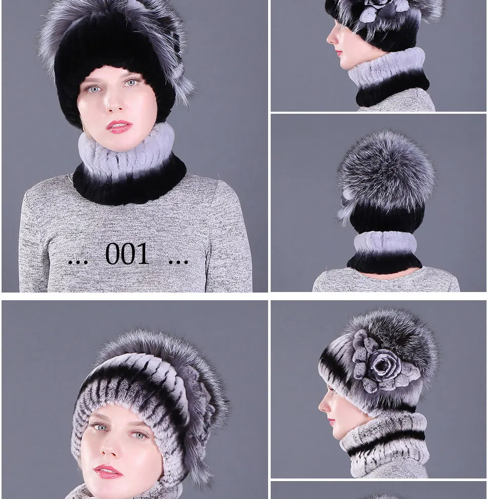 Real Rex Rabbit Fur Women Hat Scarf Sets Winter Thick Warm Vintage Fur Female Caps Scarves Casual Ladies Hats New Arrival