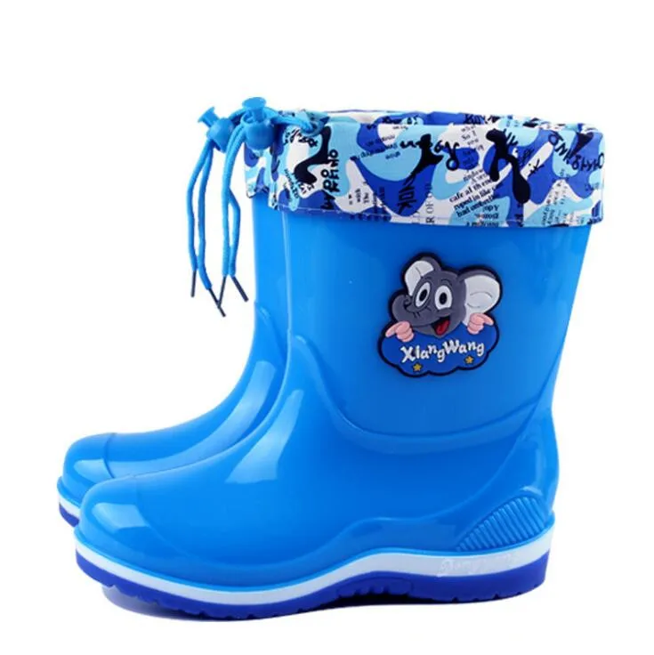 Blue leather edge Новые резиновые сапоги теплые непромокаемые сапоги из искусственной кожи для мальчиков и девочек нижнее белье с рисунком из мультфильма модные резиновые детская обувь для малышей для обувь для детей - Цвет: Blue leather edge