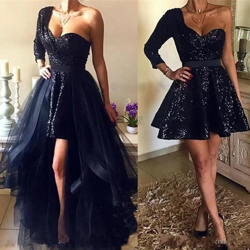 

Spakly Black Sequins Prom Dresses With Detachable Overskirt Hi Lo New One Shoulder Long Sleeve Arabic AfricanShort Evening Gowns