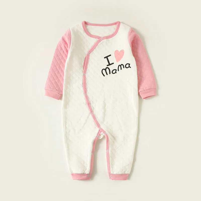 

Autumn and Winter Cotton Casual "I Heart Papa/Mama" Long-sleeve Front Snap Round Neck Jumpsuit for Baby Toddler Girl Boy 0-3M