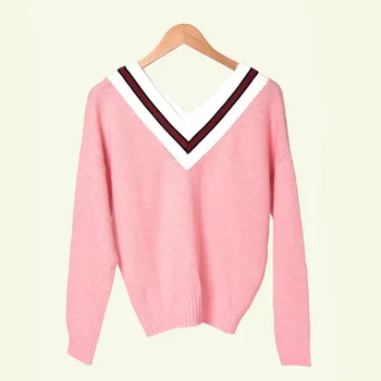 

Women Sweater 2019 Autumn and Winter New Color Matching V-neck Casual Wool Pink Sweater winter sweater women