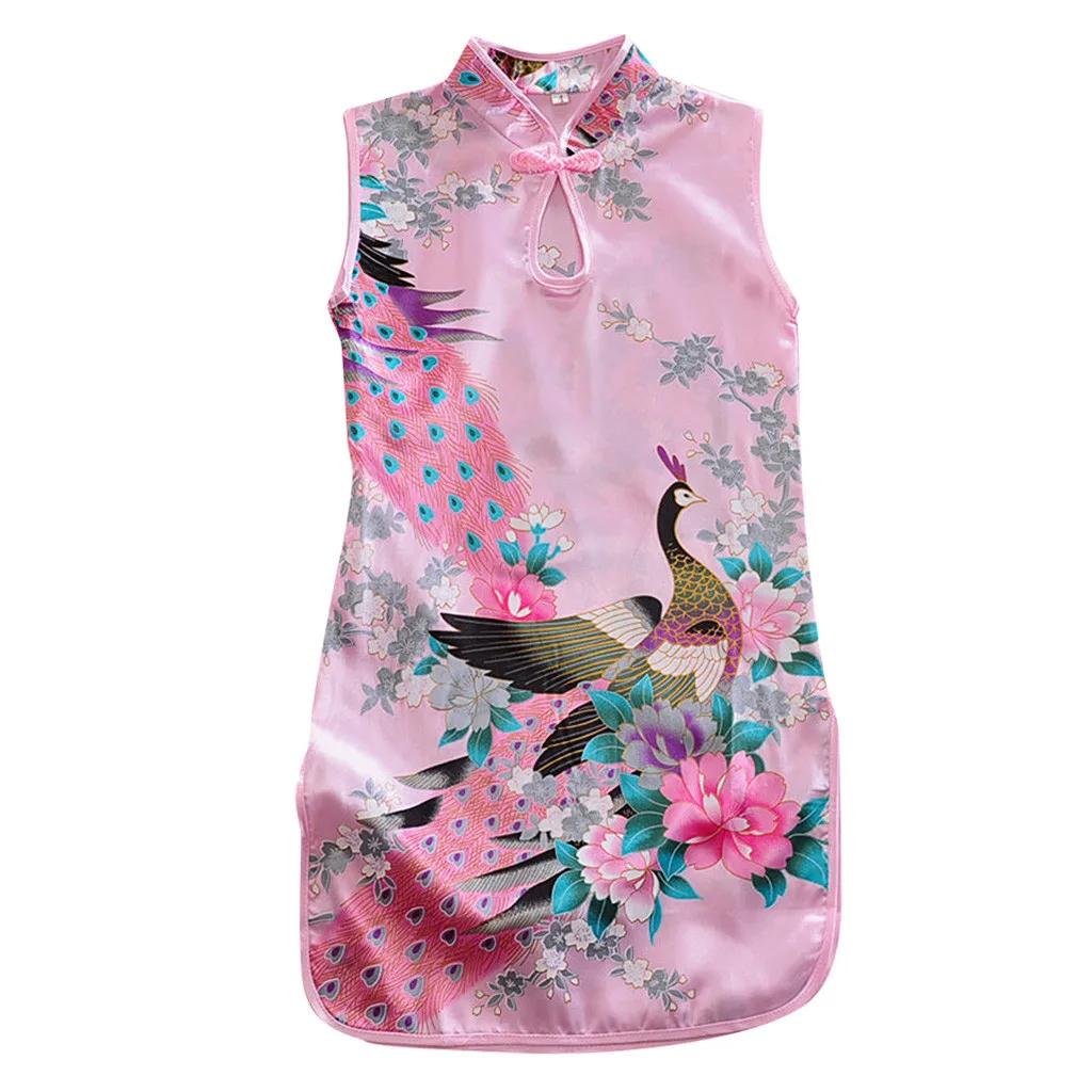 Chinese Qipao Floral Peacock Cheongsam Dress Floral Dress Elegant Toddler Baby Girls Children Clothes Formal Outfits 2-10T #B
