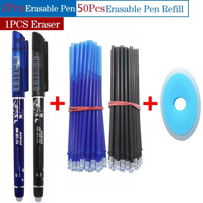 

52Pcs/lot 0.5mm Erasable Pen Refill Set Washable Handle Blue Black Red Ink Gel Pen for School Office Writing Supplies Stationery