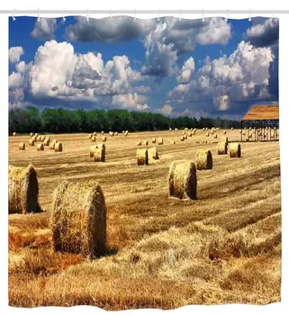 

Sky Fields Blue Landscape Farm Shower Curtain Design Polyester Waterproof Fabric with 12 Rust Proof Hooks,ches