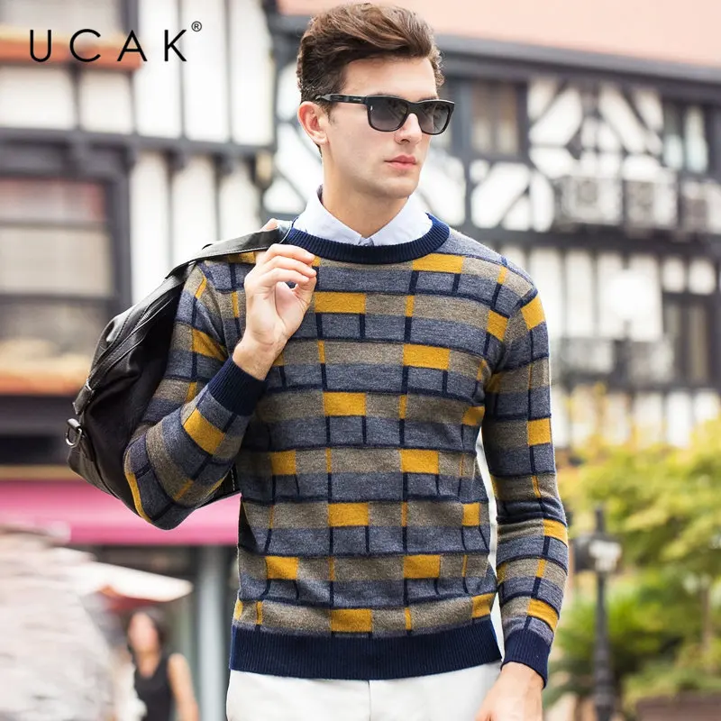 UCAK бренд мериносовой шерстяной мужской свитер Осень Зима Новое поступление уличная мода Pull Homme кашемировый пуловер для мужчин U3057 - Цвет: Цвет: желтый