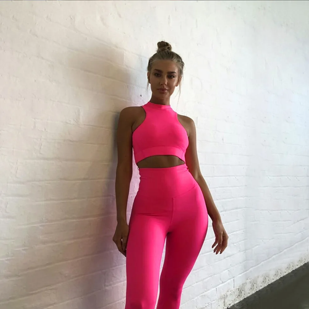 corduroy pants NORMOV 2 Pcs Sexy Bra Solid Suit Women Slim Leggings High Waist Workout Pants Hip Lift Fluorescent Color Fitness Sportswear capri pants