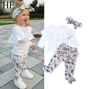 

HE Hello Enjoy Toddler Baby Girls Clothes Sets Autumn Winter Outfits White Ruffle Tops Floral Pants Headband 3Pcs Kids Outfits