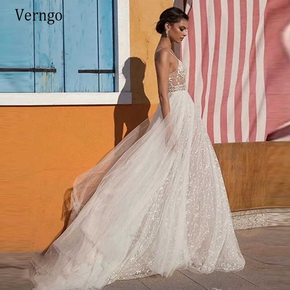 

Verngo 2021 Lace Applique Boho Wedding Dress Sexy Spaghetti Straps Side Slit Glitter Tulle Backless Bridal Gowns Custom Made