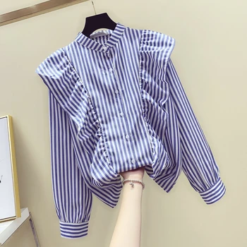 

IHOBBY Lotus Leaf Blue Vertical Stripe Shirt Women 2020 Spring New Korean Retro Hong Kong Flavor Long Sleeve Korem Blouse