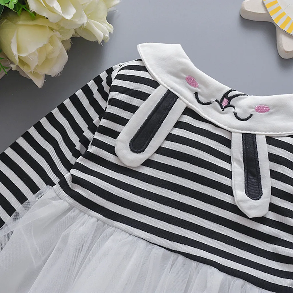 Весенние платья в полоску для малышей; кружевное платье принцессы; платье принцессы из тюля в полоску с длинными рукавами и рисунком кролика для маленьких девочек; одежда