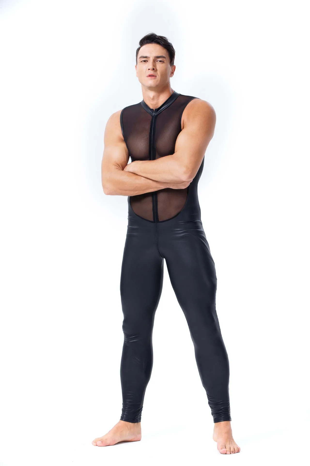 Black Patent Leather Transparent Mesh Sexy Mens Zentai Spandex Catsuit Bodysuit Male Catsuit Erotic Party Clubwear Jumpsuit 2XL