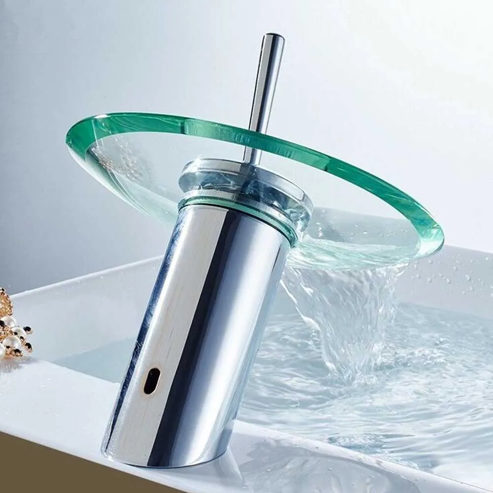 

Hot Cold Water Tap Glass Waterfall Sink Faucet Easy Install Bathroom Durable Handle Rotating Home Replacement Stainless Steel