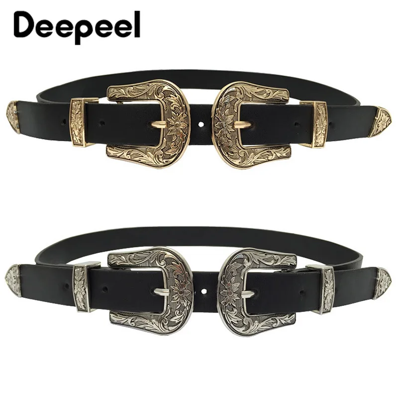 Deepeel 1pc Vogue Double Buckle Head Retro Belts for Women Wild Decorative Dress Jeans PU Waistband Luxury Women's Belt YB077 |