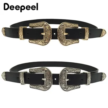 

Deepeel 1pc Vogue Double Buckle Head Retro Belts for Women Wild Decorative Dress Jeans PU Waistband Luxury Women's Belt YB077
