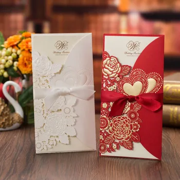 

Red Champagne White Wedding Invitations 50pc Elegant Laser Cut Engagement Invitation with Ribbon Rose Greeting Cards