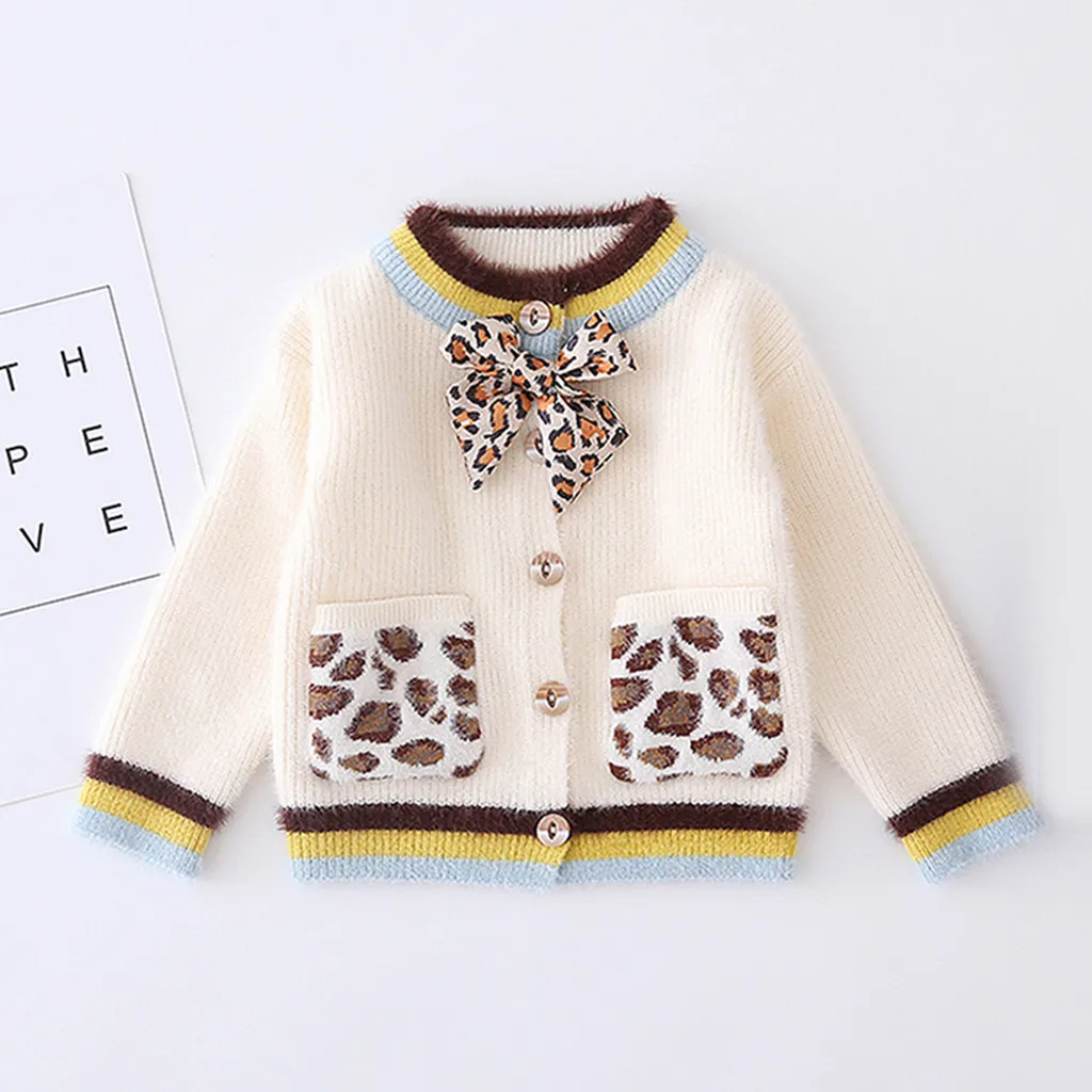 Toddler Baby Kids Girls Leopard Sweater Knit Bow Warm Crochet Coat With Pocket Autumn Winter Toddler Sweater Jacket Outerwear