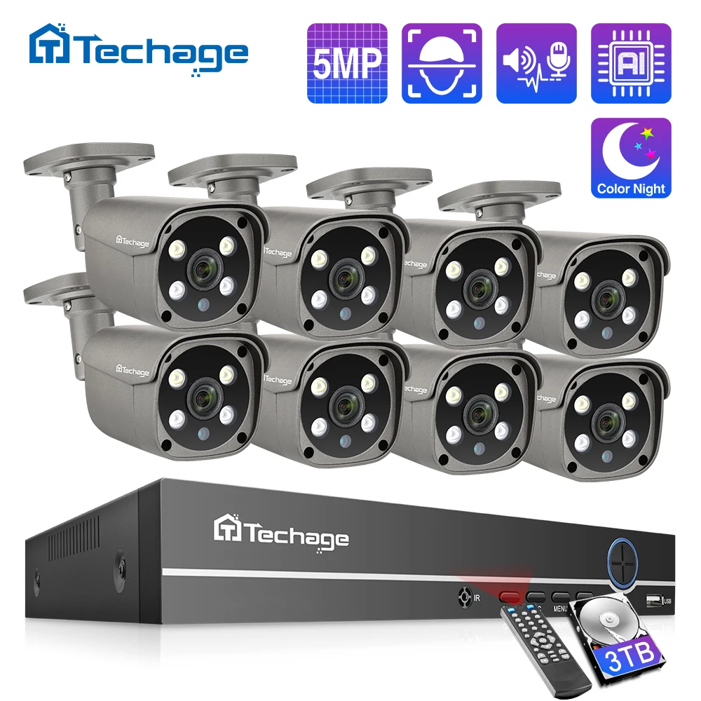 Techage 8CH 5MP HD POE NVR Kit CCTV Security System Two Way Audio AI Face Detect IP Camera Outdoor V