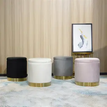 

Storage Ottoman Set Round Velvet Footrest Modern Vanity Stool Seat with Golden Steel Base Removable Lid for Bedroom Living Room
