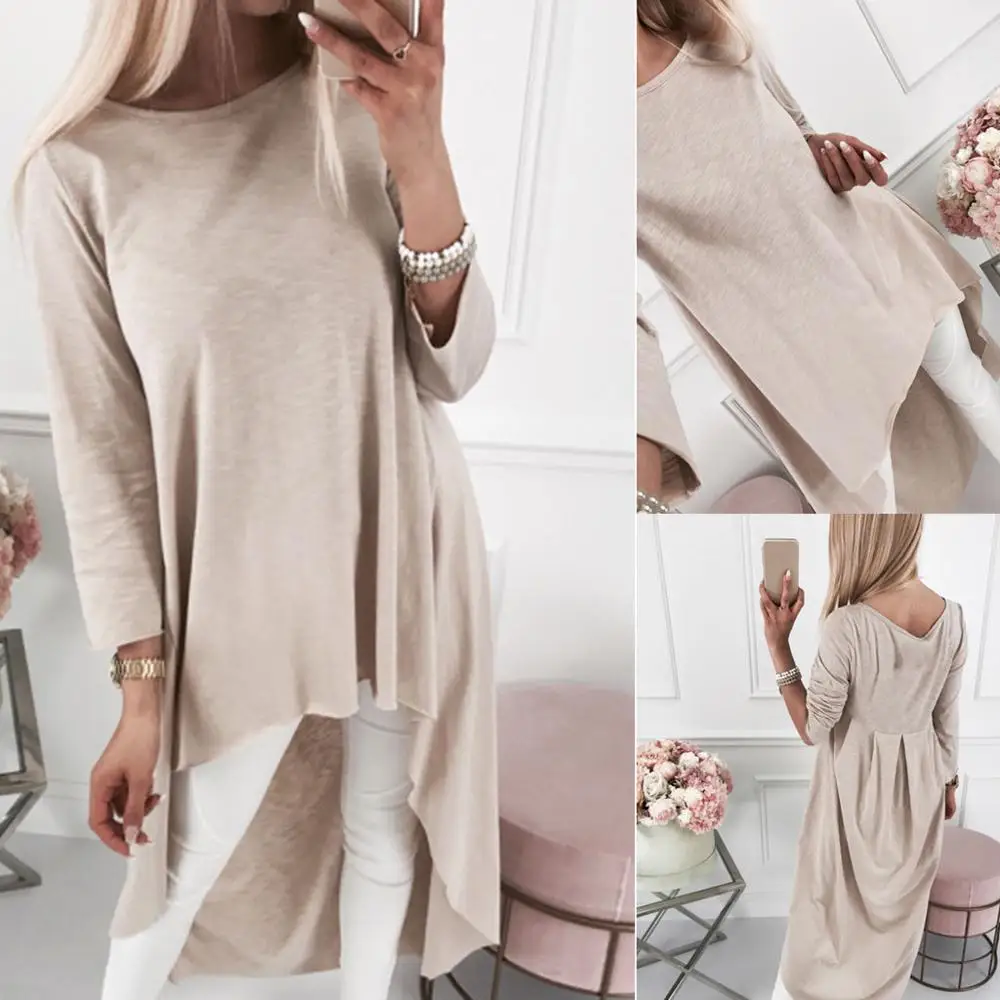 Женское платье с длинным рукавом и круглым вырезом однотонное свободное