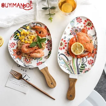 

Nordic Dinner Plate Ceramic Dish Steak Salad Tray with Wooden Handle Food Christmas Plates Home Decor Oval Dishes