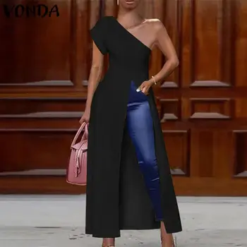 

VONDA 2020 Sexy One Shoulder Short Sleeve Blouses Women Summer Casual Solid Color Split Hem Fashion Shirts Plus Size Party Blusa