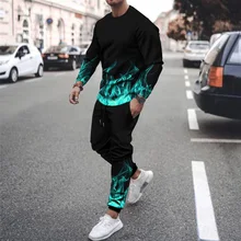 

2021 Autumn and Winter Sports Suit 3D Printing Color Flame Men's Suit Fashion Street Men and Women Round Neck Two-piece Suit