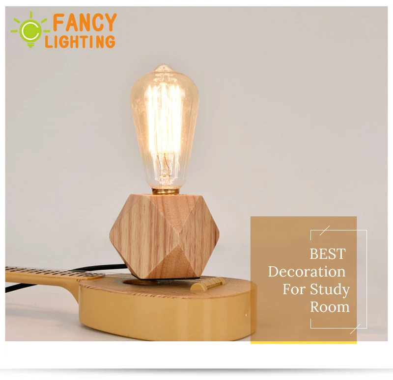 Vintage Wooden Table Lamp and G95 E27 String Light Bulb Wooden desk lamp for home/bedroom/living ro