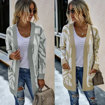 

Women Sweaters женские свитера Coat женская куртка New Fashion Autumn Loose Printing Medium Length Shawl Sweater Cardigan Tops