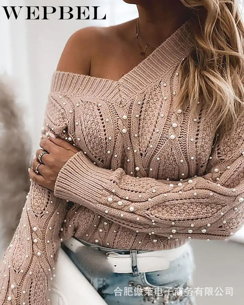 

WEPBEL Autumn Winter Long-Sleeved Off-Shoulder Loose Pullovers Sweater Women's Solid Color V-neck Beading Knitted Sweater