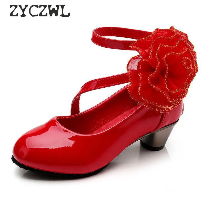 Детская кожаная обувь с цветочным узором для девочек; красные сандалии принцессы; модная свадебная обувь на высоком каблуке; Праздничная обувь; детская летняя обувь для студентов
