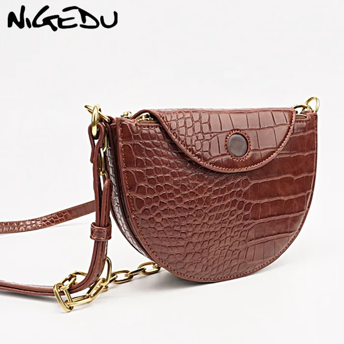 NIGEDU Мода Аллигатор кожаный седельный мешок роскошные женские сумки на плечо маленькая круглая сумка женская сумка на цепочке слинг сумки через плечо