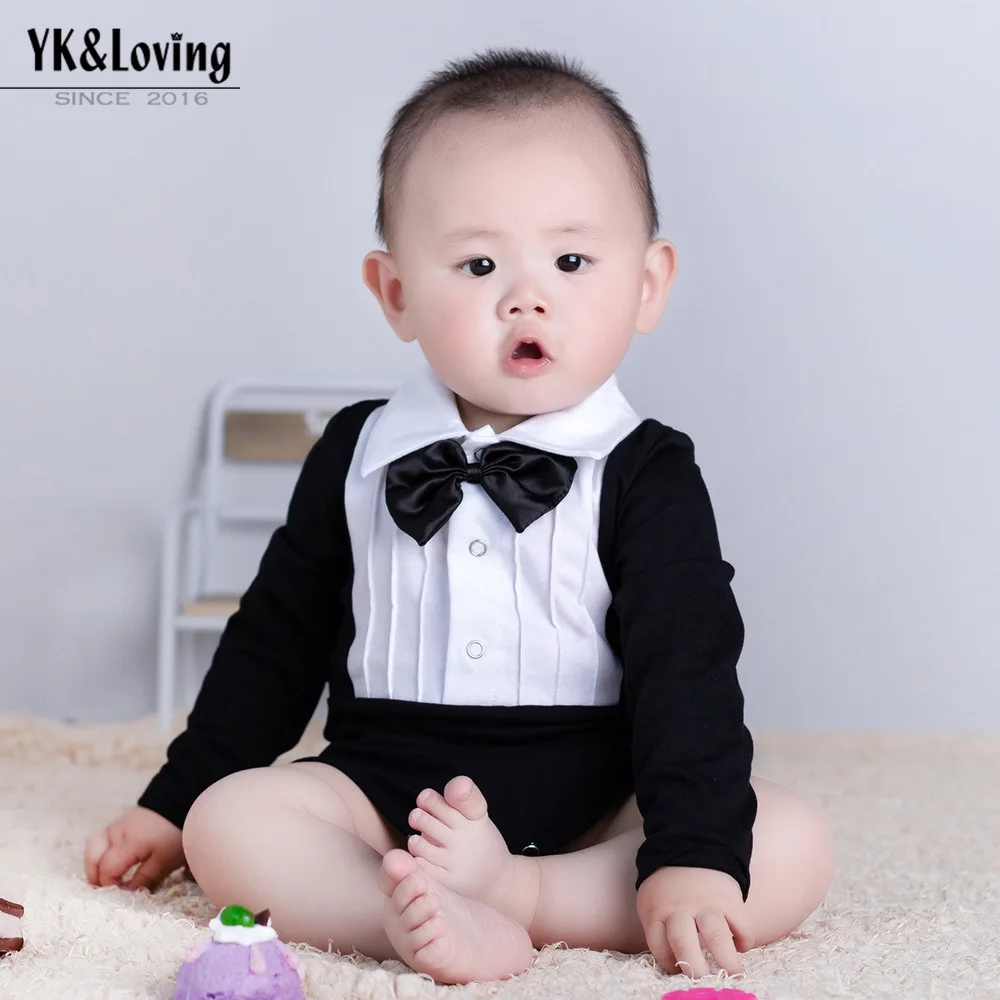 

2019 Summer Wear New Style Male Baby Long-sleeve Jumpsuit Crawling Clothes Infant Gentleman Bow Romper Childrenswear