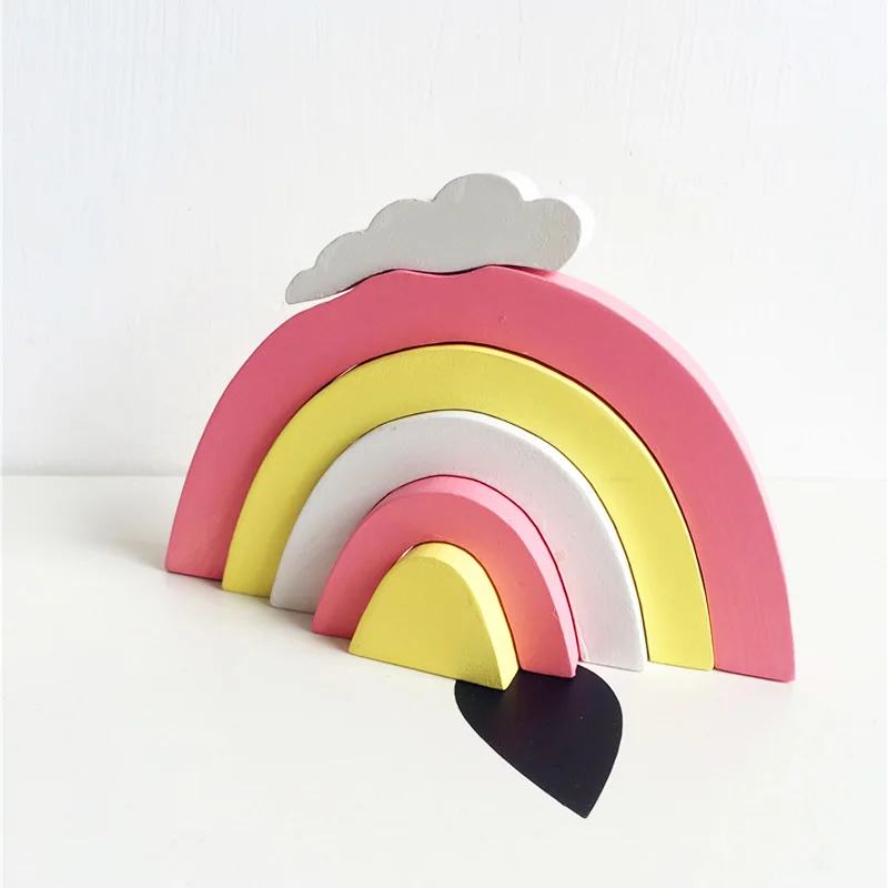 Pink yellow 1 комплект ручной работы деревянные радужные детские игрушки блоки украшения реквизит для фотосессии в скандинавском стиле товары для украшения дома подарок на день рождения - Цвет: Pink yellow
