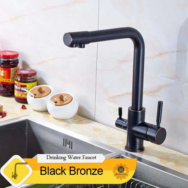 black bronze Роскошные хром латунь чистой воды Кухня кран с двойной ручкой горячей и холодной питьевой воды 3-х полосная фильтр Кухня смесители - Цвет: black bronze