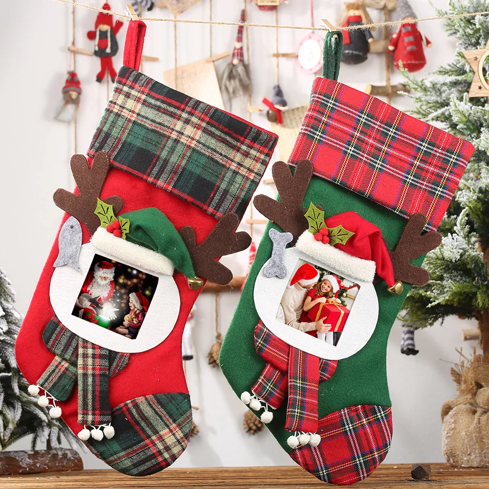 

Santa Claus Large Sock Clear Photo Frame Plaid Christmas socks Kids Candy Gift Bag Home Xmas Decoration Christmas Tree Ornaments