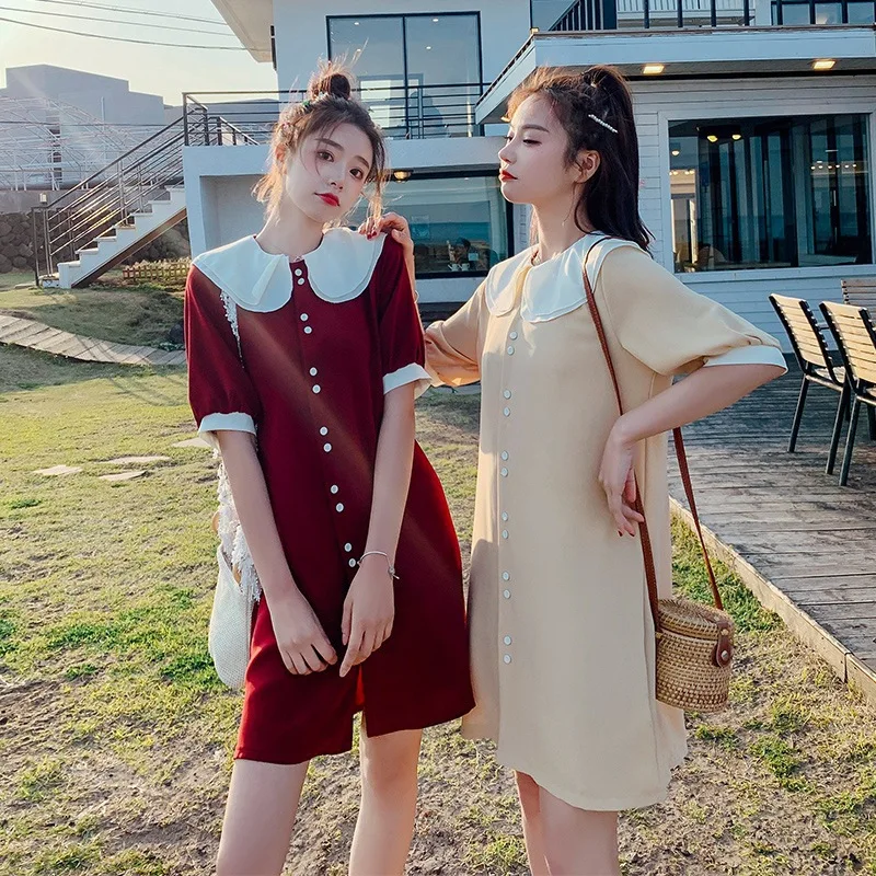 

Photo Shoot in Sweet Wine Red Mixed Colors Short-height Peter Pan Peter Pan Collar Loose-Fit Single-Breasted Funny GIRL'S Dress