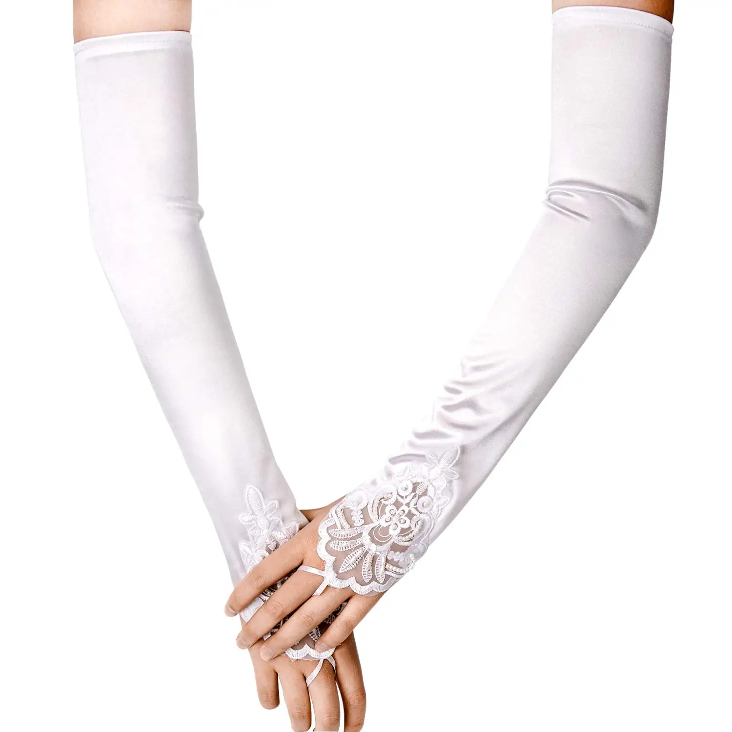 Fingerless Long White Gloves Pierced Elbow Length Satin Gloves 19\