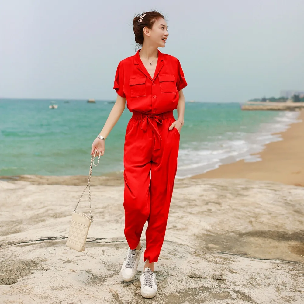 

Photo Shoot 2019 Summer New Style WOMEN'S Dress INS Retro CHIC Lapel Shirt Case Set + High-waisted Loose Pants Two Pieces