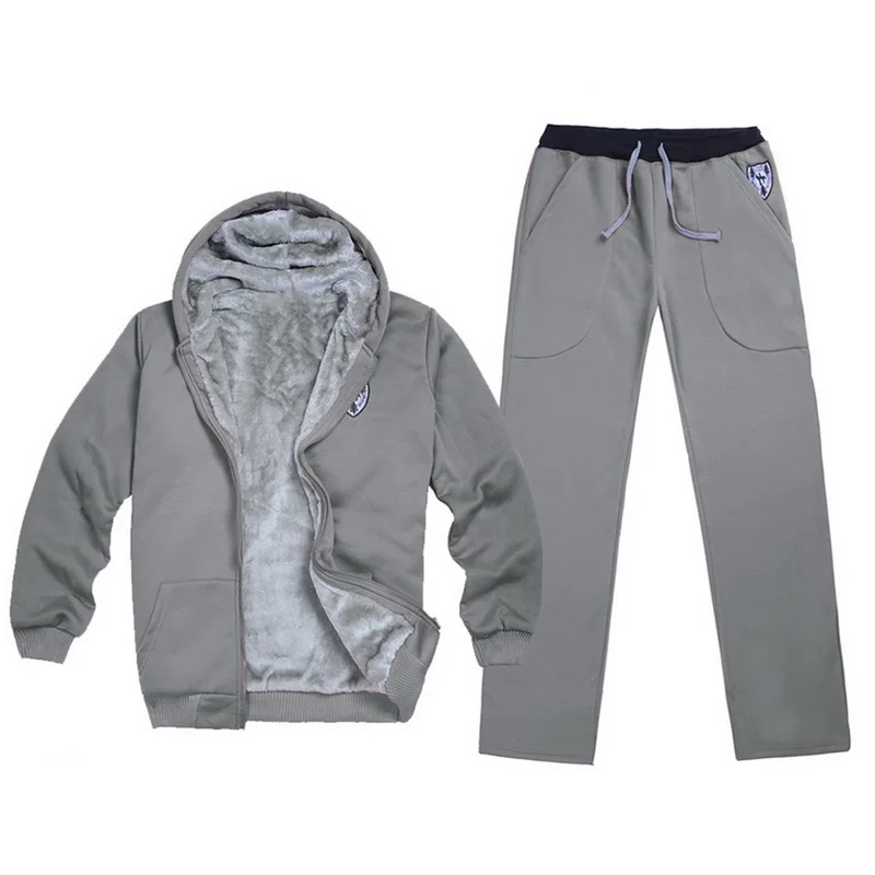 Light gray Adiputent зимние толстые мужские спортивные костюмы, спортивный костюм, спортивная одежда на молнии, флисовые куртки с капюшоном+ штаны с эластичной резинкой на талии, повседневный комплект - Цвет: Light gray