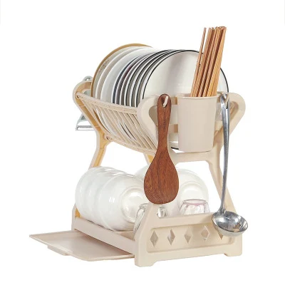 Khaki Cupboard Kitchen Organizer Chopsticks Collection Box Drainage Bowl Rack Kitchen Double-Decker Bowl Rack Plastic Cupboard - Цвет: Khaki