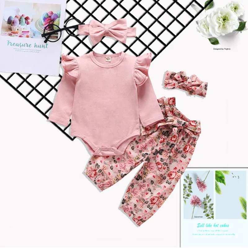 Spring Autumn Casual Fashion Baby Clothing Set Floral Rompers Trousers+ Headbands Four-piece Outfit Sets