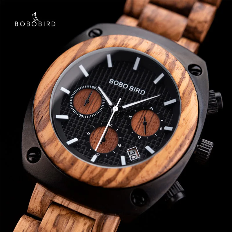 

montre homme BOBO BIRD Zebra Wood Watch Men Timepiece Chronograph Date Show Quartz Wristwatches Male Stopwatch V-T08 In Gift Box