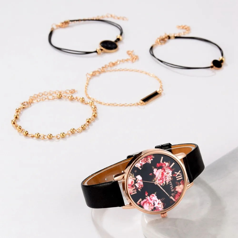 5 шт. комплекты с часами дамские модные стильные женские Роскошные Аналоговые кварцевые наручные часы с кожаным ремешком женские часы-браслет Reloj Mujer