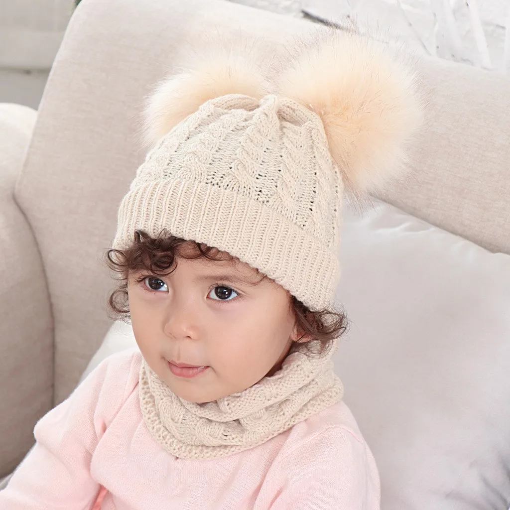 Solid Baby hat with ear flaps Solid Winter Warm beanies Thread Knit Wrap Double Hair Ball Head Cap Scarf Hat Suit gorro mujer