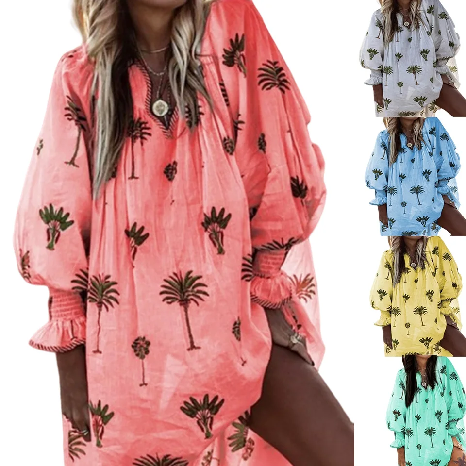 

Plus Size Dresses For Women 3xl 4xl 5xl Hipster Tree Printed Lantern Sleeve Dress Sukienka Deep V Neck Plunge New Fashion Loose