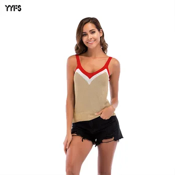 

Womens hot summer color matching V-neck sexy knit suspender shirt hollow vest short paragraph lady sweater
