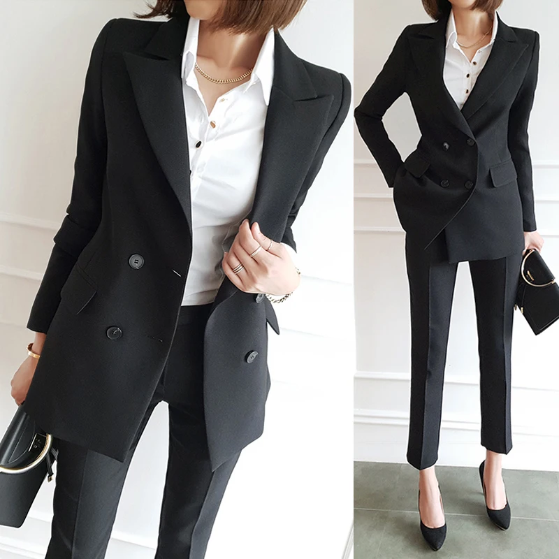 Высококачественные черные женские костюмы 2019 новые осенние и зимние приталенные женские куртки блейзер женские офисные брюки костюм из