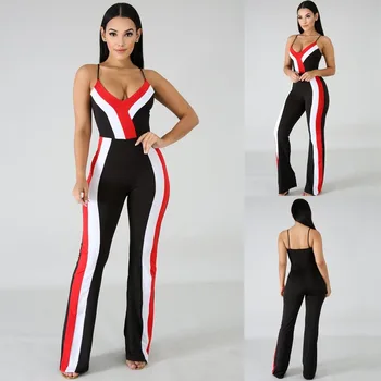 

Vintage Slim Sexy 2020 Jumpsuits V Neck Summer Loose Full Length Jumpsuit Women Elegant Beach Playsuit Patchwork Office Lady